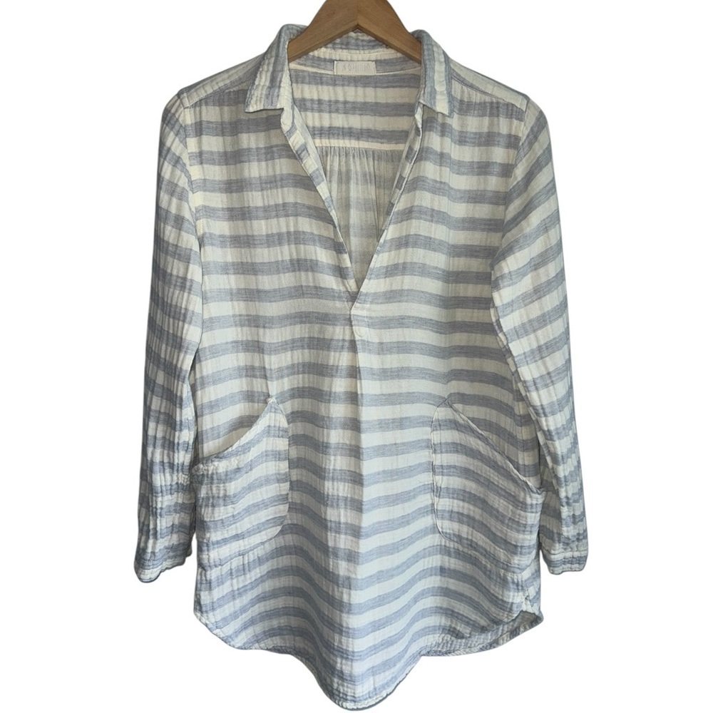 CP SHADES Gauze Cotton Striped Teton Tunic Top | Long Sleeve Pullover Cream XS
